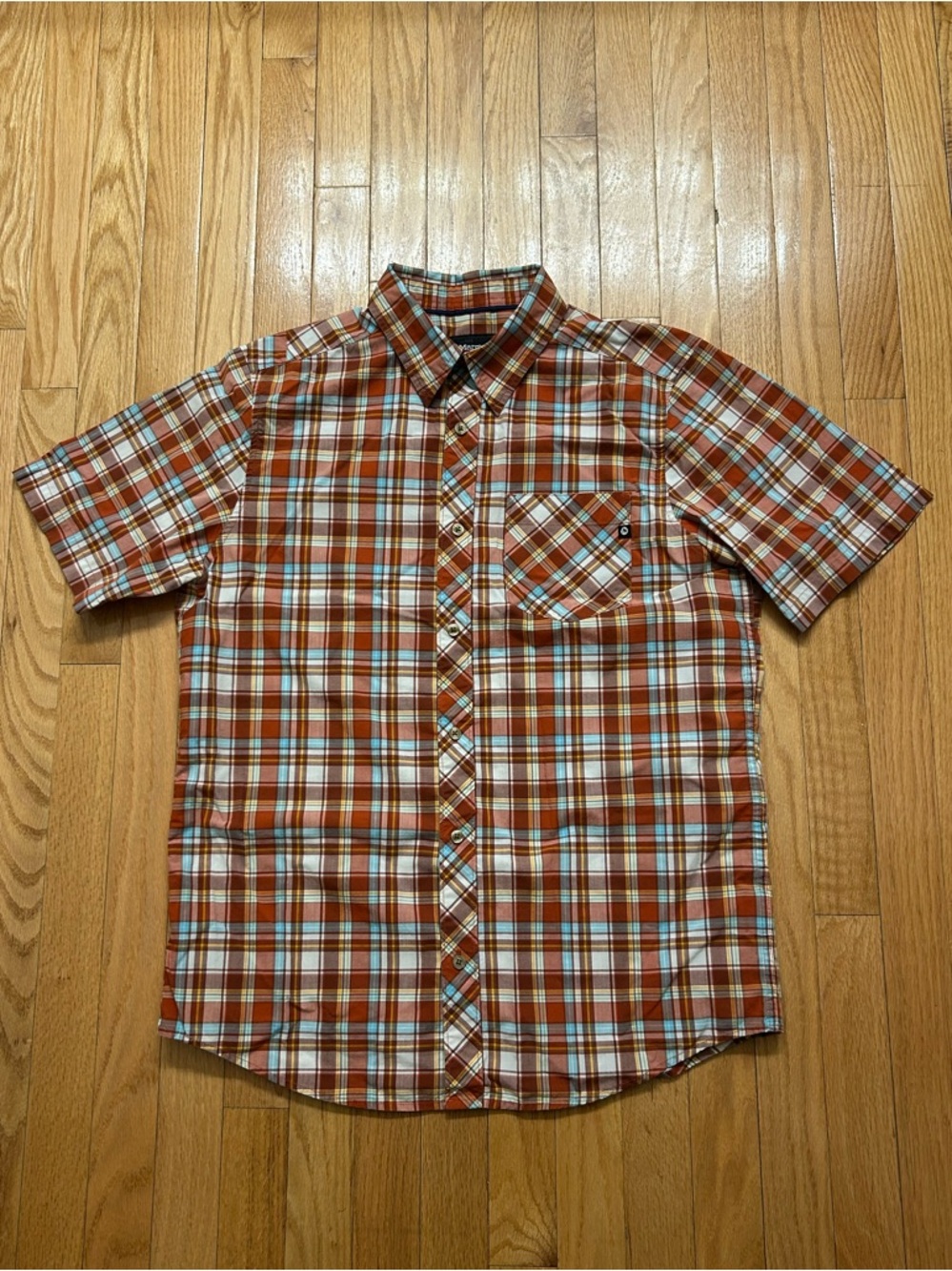 Marmot Men's Orange and White Plaid Short-Sleeve Button-Down Shirt